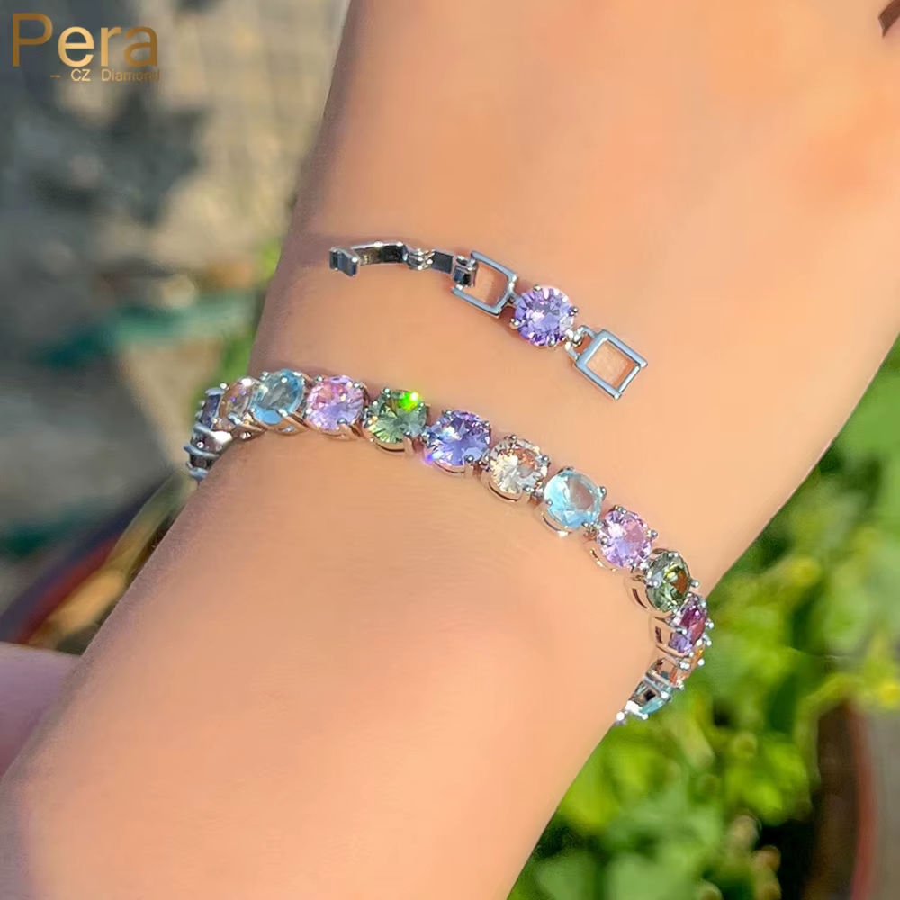 Pera – Bracelets en cristal CZ rond arc-en-ciel pour femmes, chaîne de tennis plaquée argent, bijoux cadeaux pour banquet et fête, B091