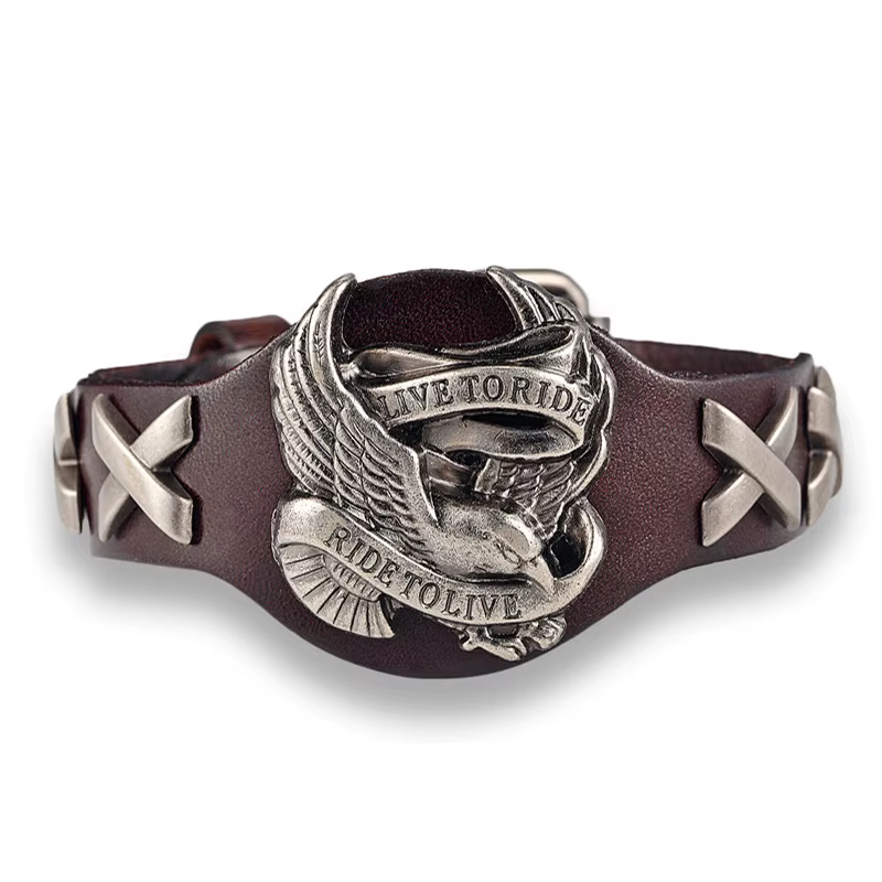Punk en cuir véritable Ride to live aigle Bracelets hommes rétro Rock large manchette bracelet femme motard bijoux mâle moto cadeaux