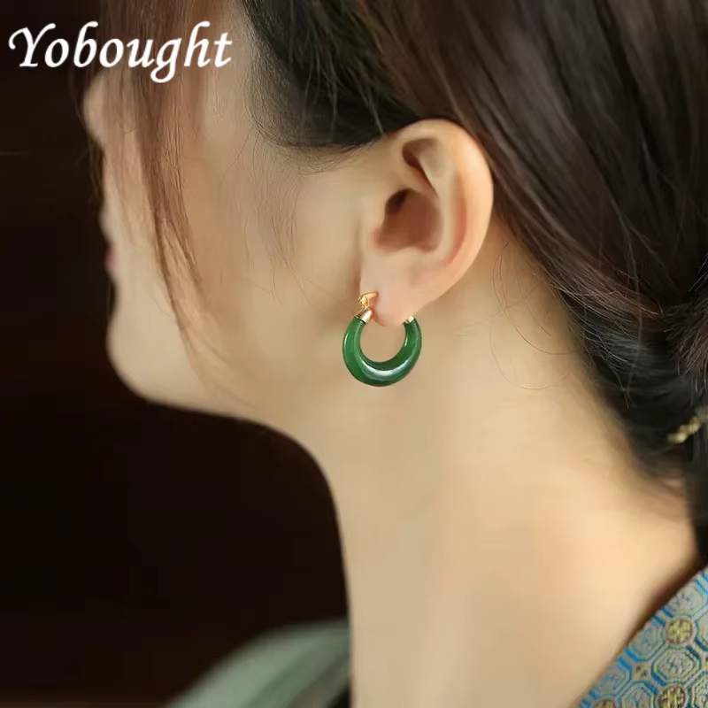 Boucles d'oreilles créoles en jaspe naturel Hetian pour femme