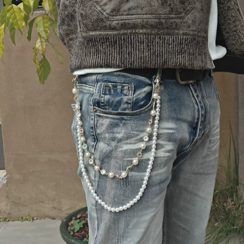Salircon exquis luxe Imitation perle pantalon chaîne hommes femmes une taille accessoires de mode 2015 nouveau modèle HipHop bijoux