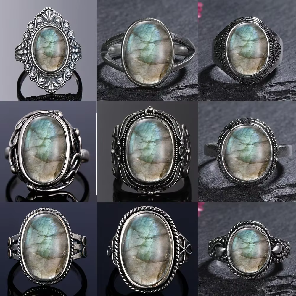Grande bague ovale ronde en labradorite naturelle