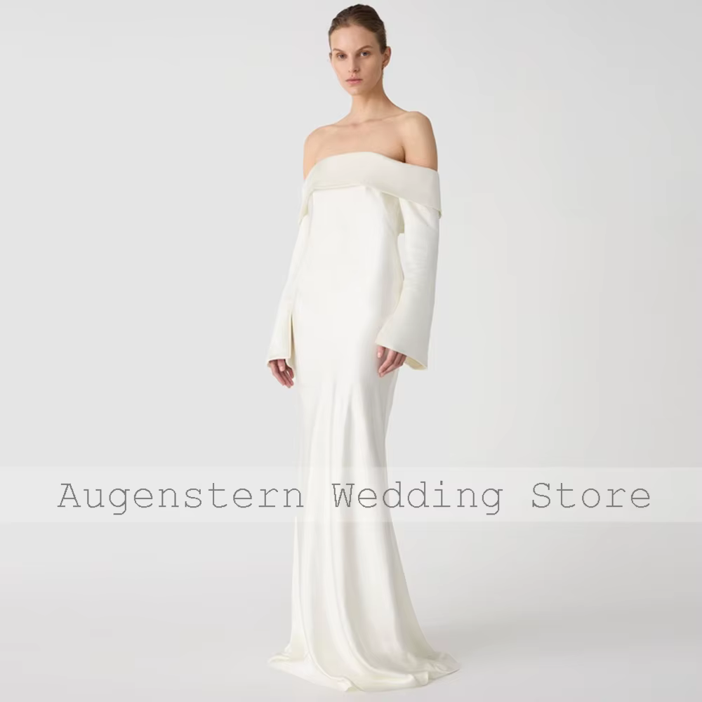 Robes de mariée civiles formelles en satin blanc plissé, robes de soirée élégantes pour femme, coupe droite, épaules dénudées, robes de mariée 2024 pour femmes