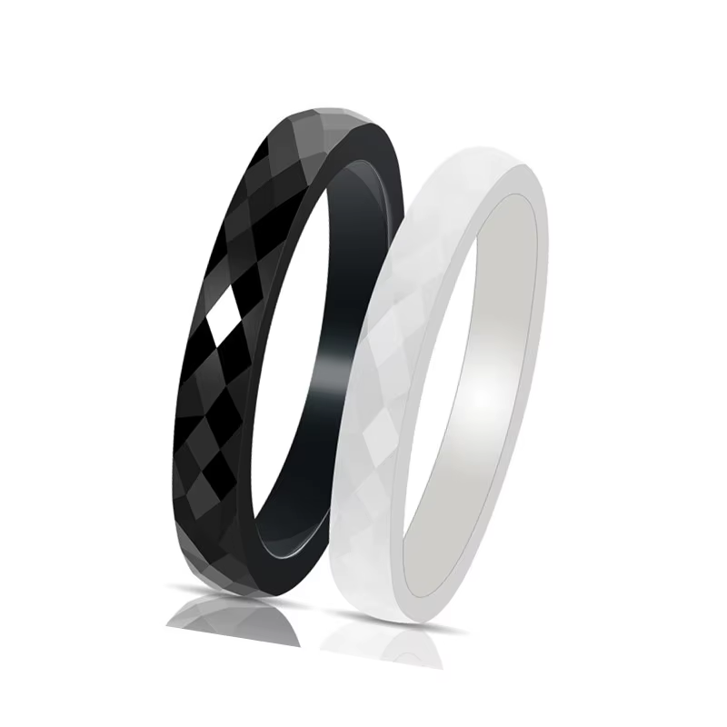 Bague de mariage en céramique à facettes blanches/noires fines de 3mm