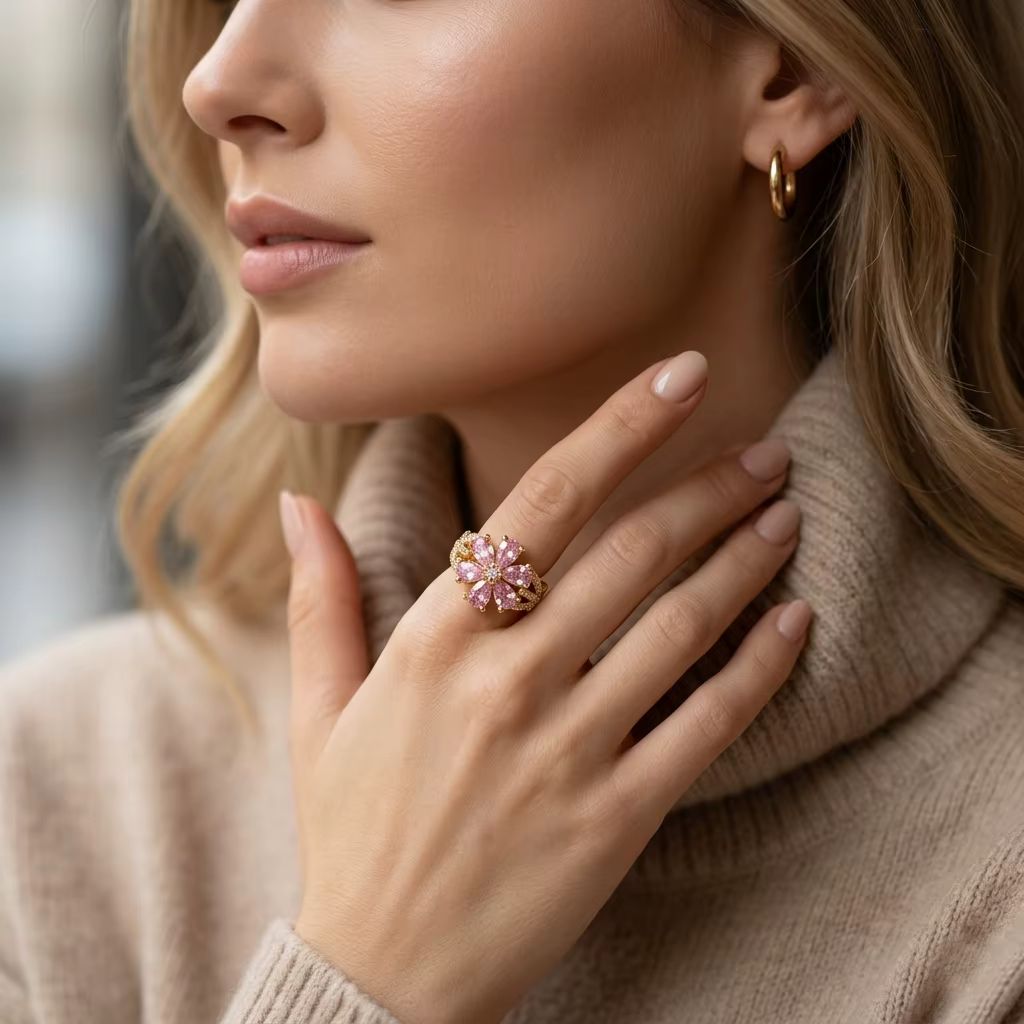 Ensemble de bagues ouvertes réglables en forme de fleur rose avec pierres en zircone cubique pour un usage quotidien et