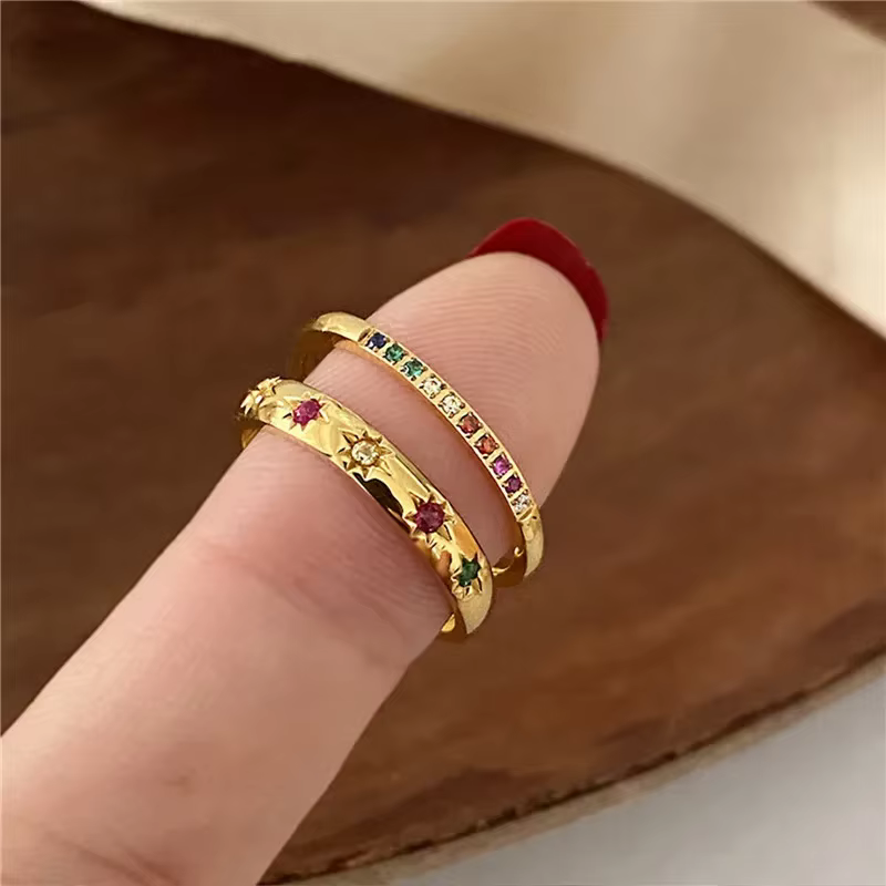 2 pièces/ensemble en acier inoxydable couleur arc-en-ciel cubique Zircon pierre bagues pour femmes INS