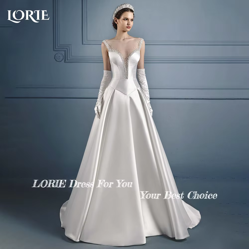 LORIE Vintage robes de mariée Spaghetti perles brillant Satin a-ligne ivoire robe