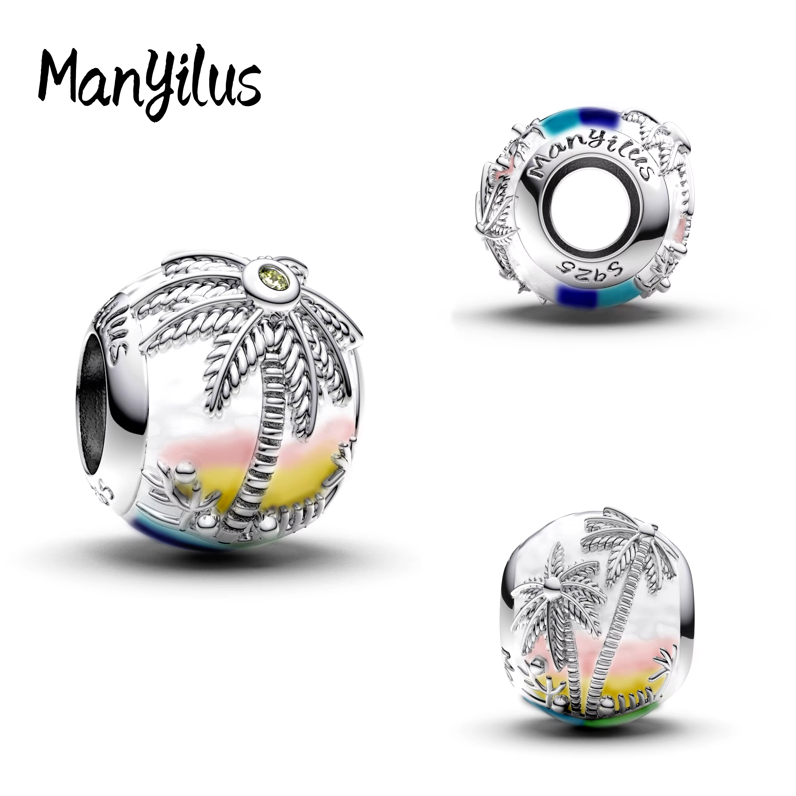 Manyilus S925 Breloque de plage en forme de cocotier en argent pour bracelet original, pendentif de bijoux d'île tropicale DIY, cadeau de vacances d'été
