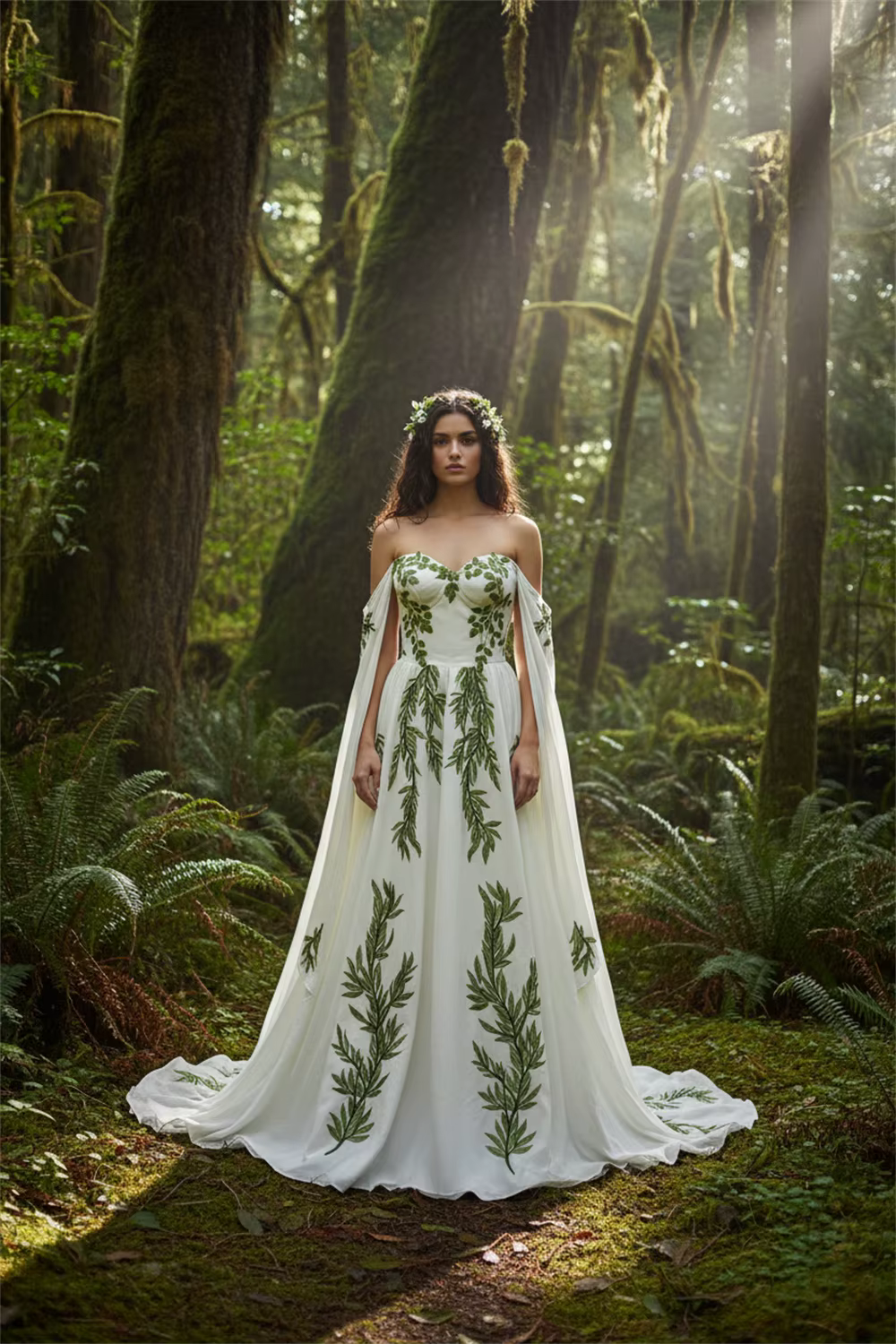 Kyoto personnalisé vert feuille broderie avec Cape robe de mariée épaules dénudées a-ligne vestidos de noche à lacets balayage Train formel