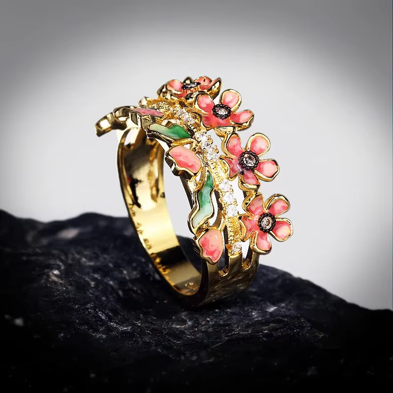 Bague fleur en émail pour femme