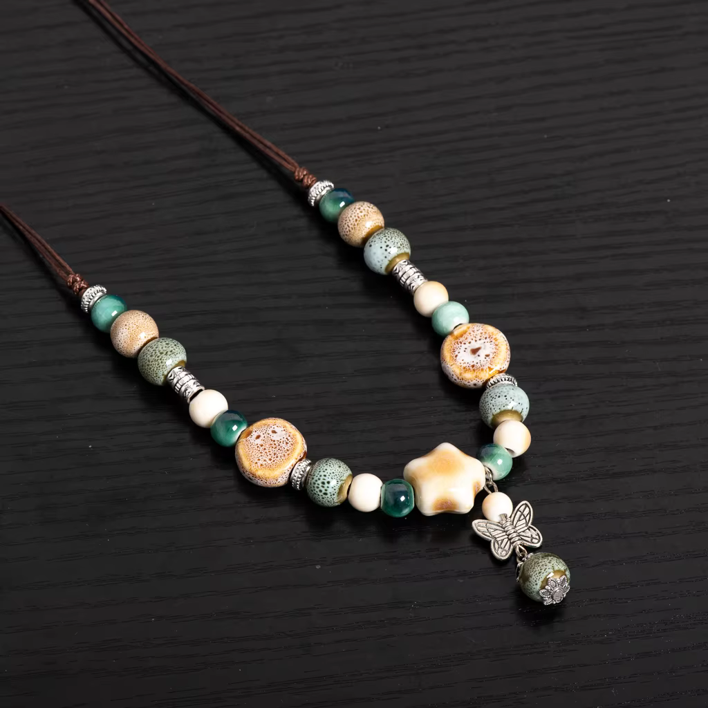 Artisan fait à la main en céramique collier de perles réglable Vintage Boho bijoux papillon charme