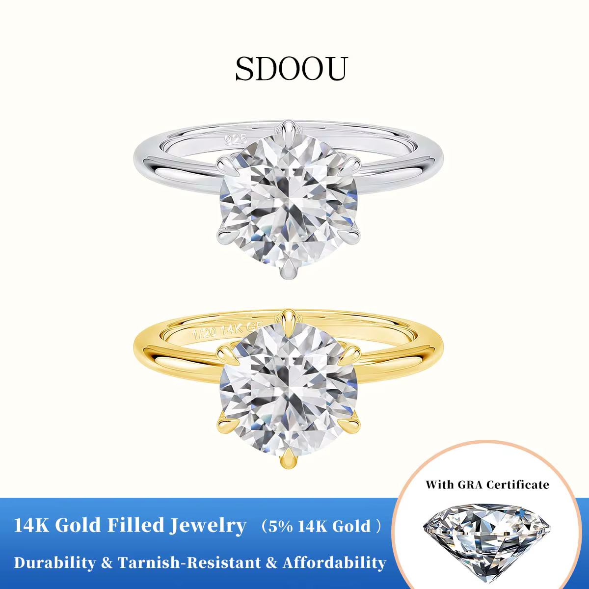 SDOOU Bague de promesse en or véritable 14K à 6 griffes