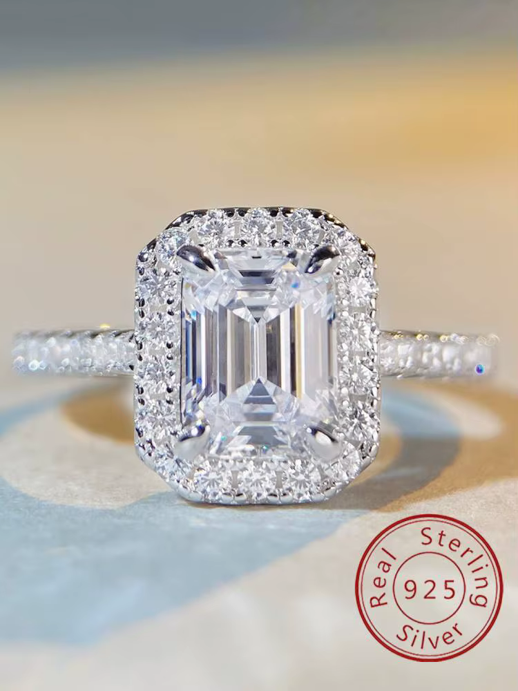 Bague carrée à quatre griffes en argent Sterling 925
