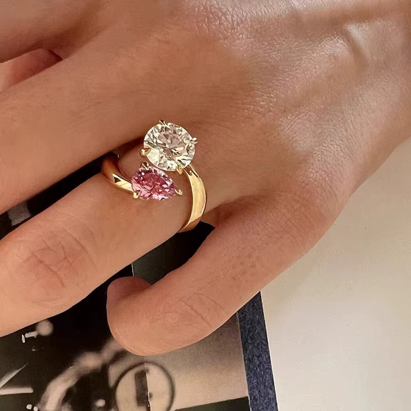 Bagues en diamant rose double couleur en forme de gouttelette d'eau pour femmes