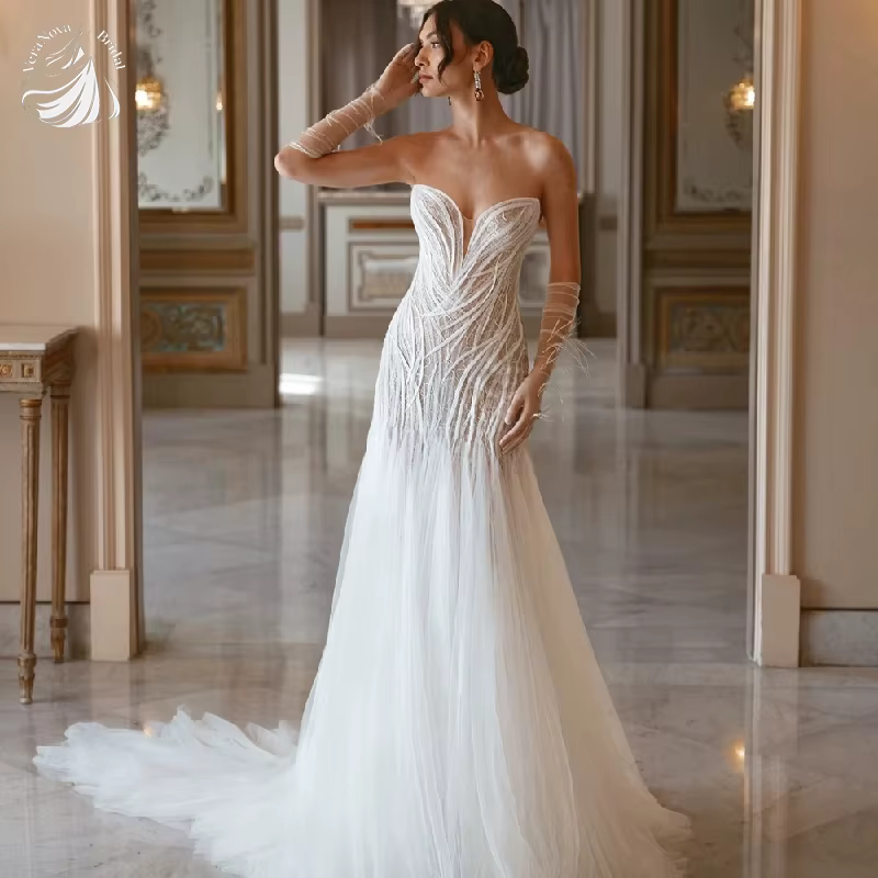 Robe de mariée personnalisée Sexy Illusion dentelle sirène longue avec élégant Tulle sans manches