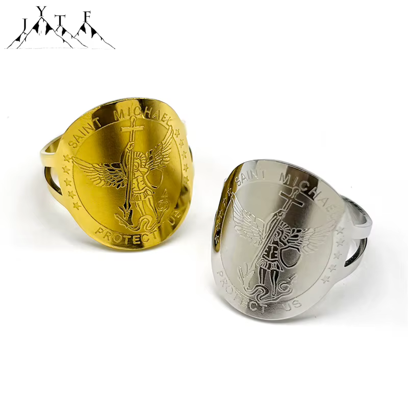 Saint Michael nous protéger anneaux pour femmes hommes acier inoxydable or argent couleur religieux amulette bague bijoux cadeau anillo