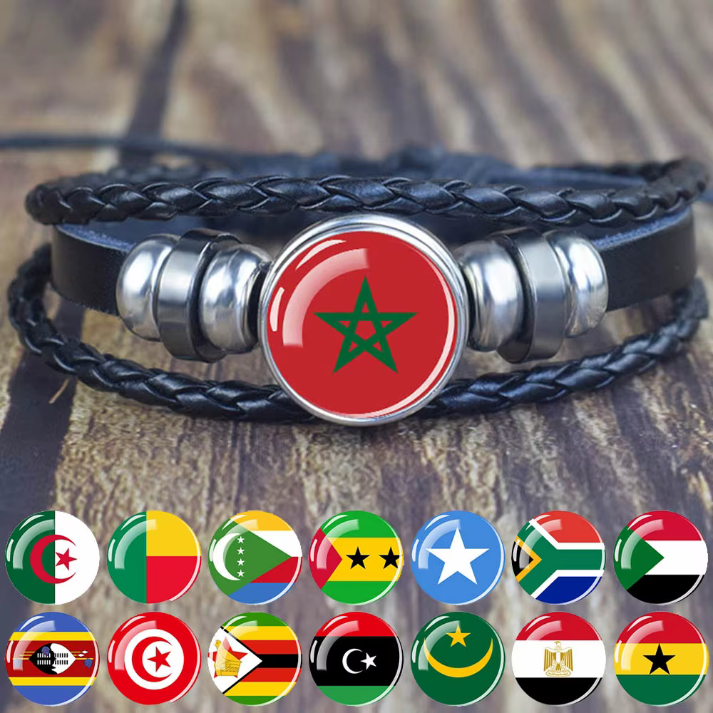 Bracelets drapeau du pays d'afrique pour hommes et femmes, algérie, soudan, tunisie, maroc, dôme en verre, cuir noir, bracelets à breloques, bijoux Punk