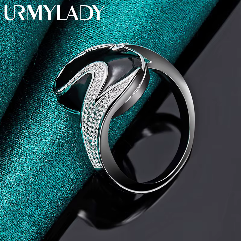 URMYLADY Obsidienne ronde en argent sterling 925 7-10 # Bague pour femmes