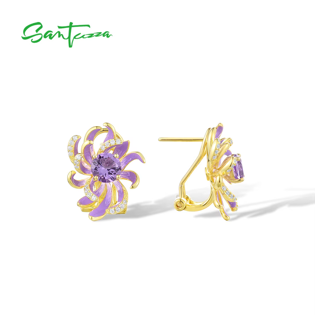 SANTUZZA – boucles d'oreilles en argent Sterling 925 pur pour femmes, avec fermoir à levier, fleur en émail violet étincelant, bijoux fins et chics