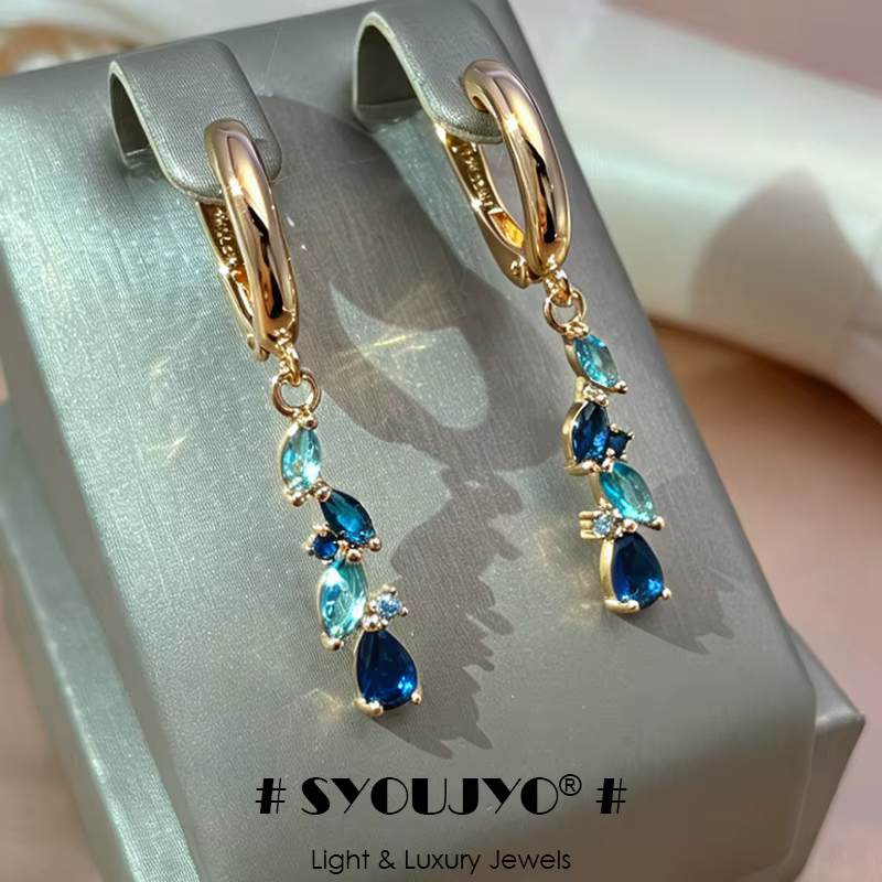 SYOUJYO nouveau 585 boucles d'oreilles en or Rose pour les femmes de luxe bleu naturel Zircon feuille longues
