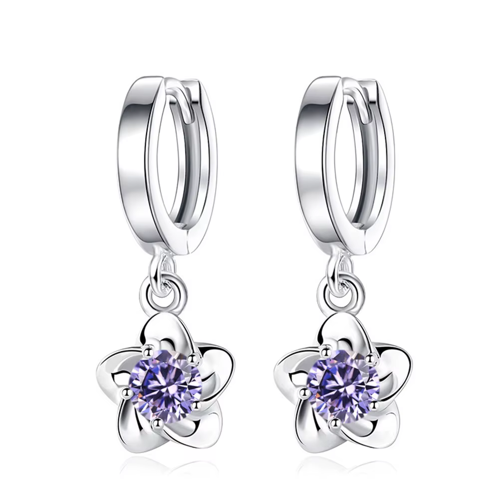 Boucles d'oreilles de luxe en argent sterling 925 avec zircone en forme de fleur de prunier violette