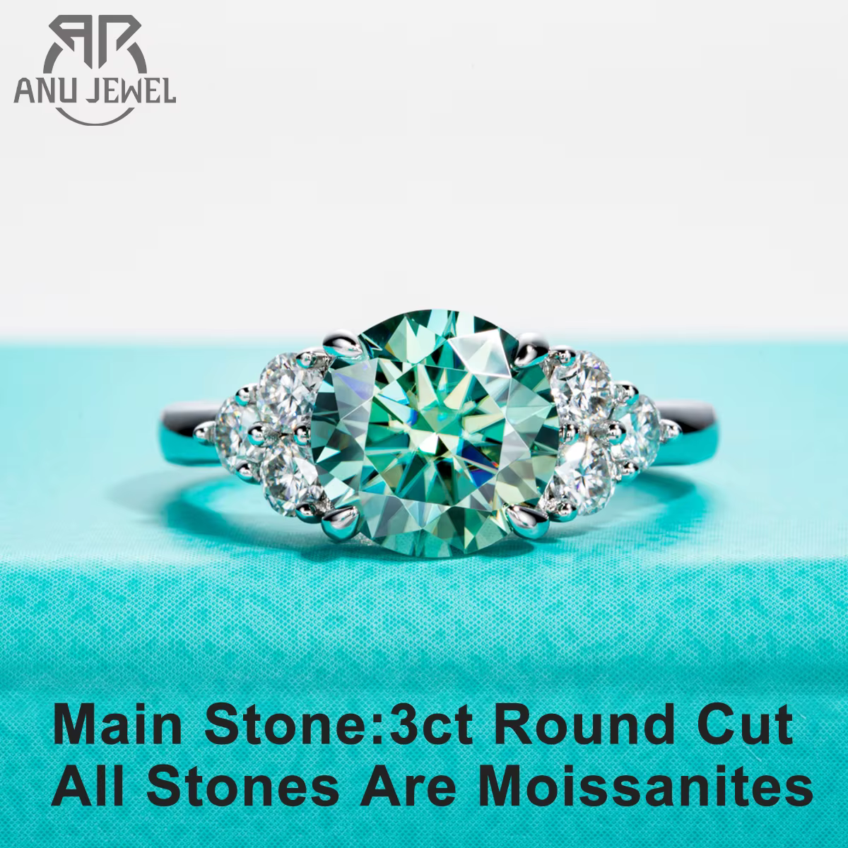 3ct Round Cut Bleu Vert Couleur Moissanite Bague de Fiançailles 18K Plaqué Or Argent De Luxe