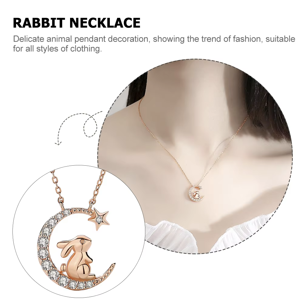 Collier lapin mignon en argent Sterling, pendentif lune en strass, chaîne légère pour femmes et filles, bijoux à la mode