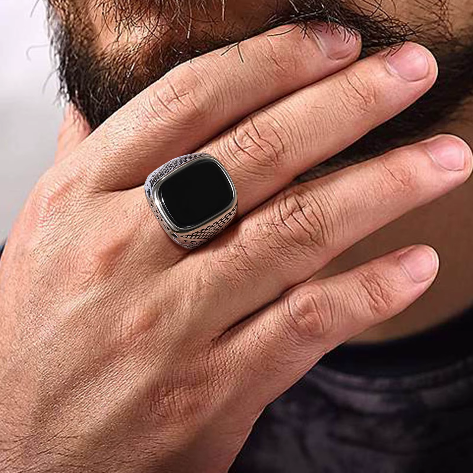 Bagues chevalière en pierre d'onyx Punk pour hommes
