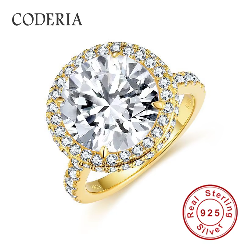 Superbe Bague en Or avec Moissanite Ronde de 5 Carats pour Femme, Bague de Fiançailles en Argent Sterling 925, Alliance de Mariage