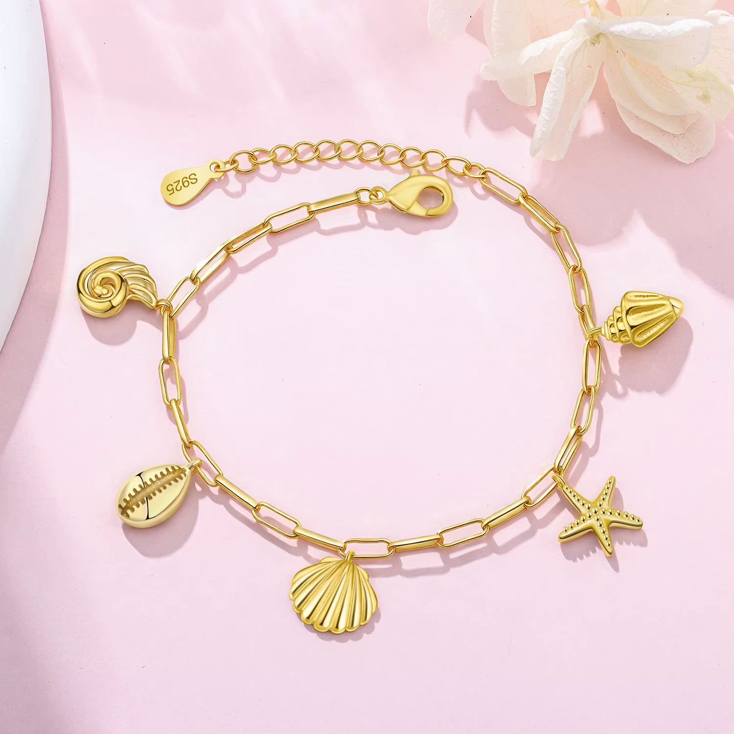 Bracelet chaîne Orstarry S925 en argent sterling avec coquillages et étoiles de mer
