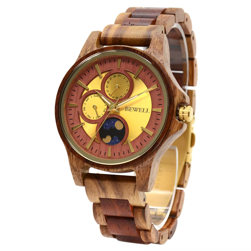 Montre homme luxueuse en bois gravé cadran rond phase de lune lumineuse
