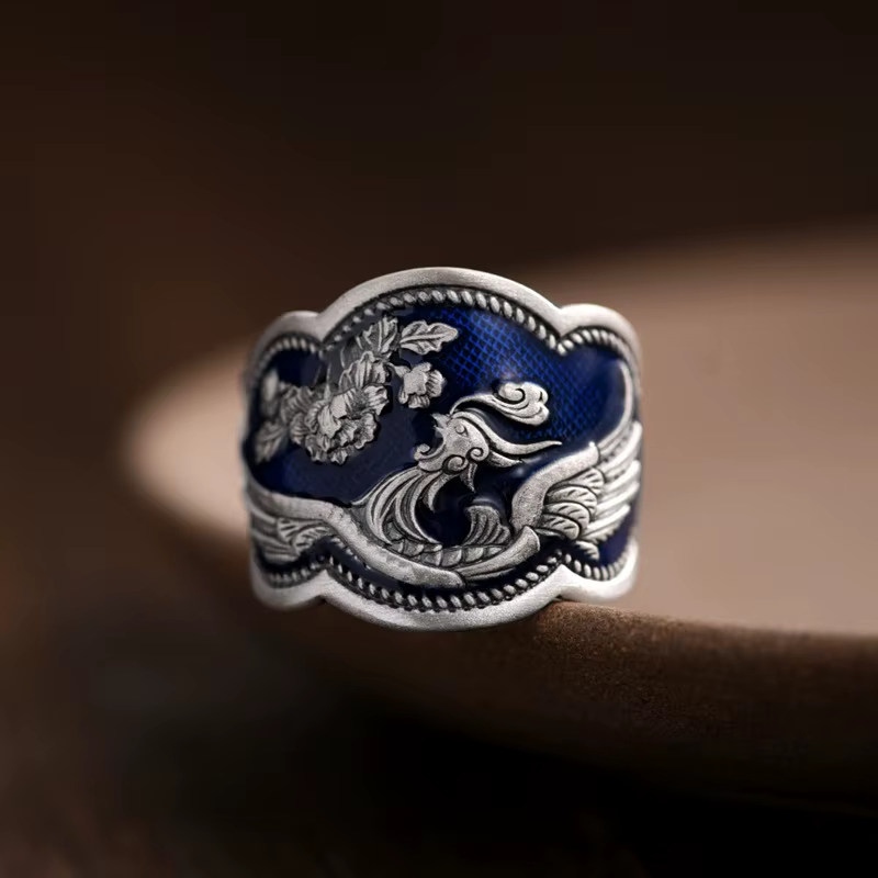 Bague réglable élégante de style chinois avec pivoine bleue et phénix pour femmes et hommes