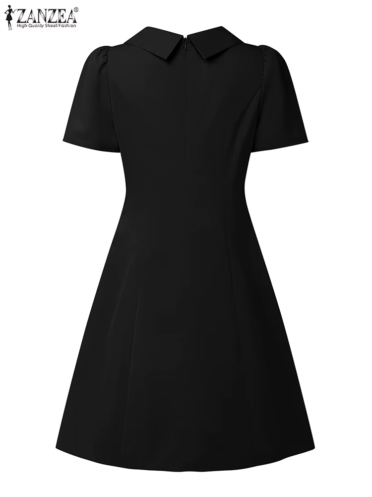 ZANZEA élégant Chic robes noires femmes mode col carré manches courtes taille froncée genou longueur robe de soirée verres dames