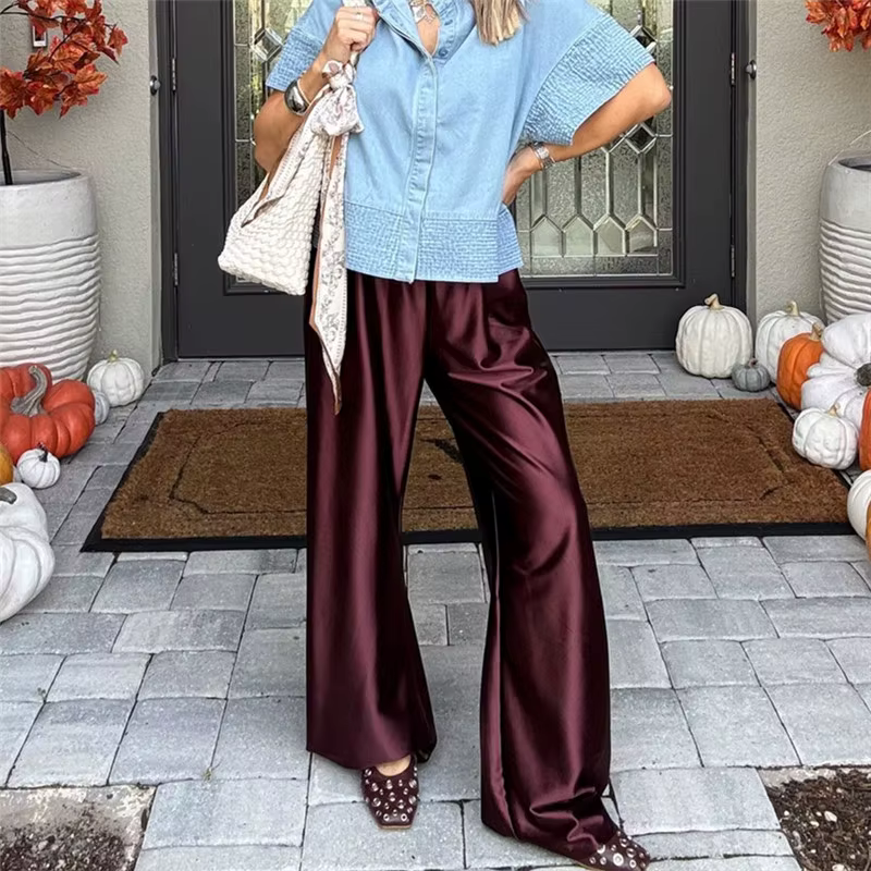 Pantalon large fluide en satin pour femme