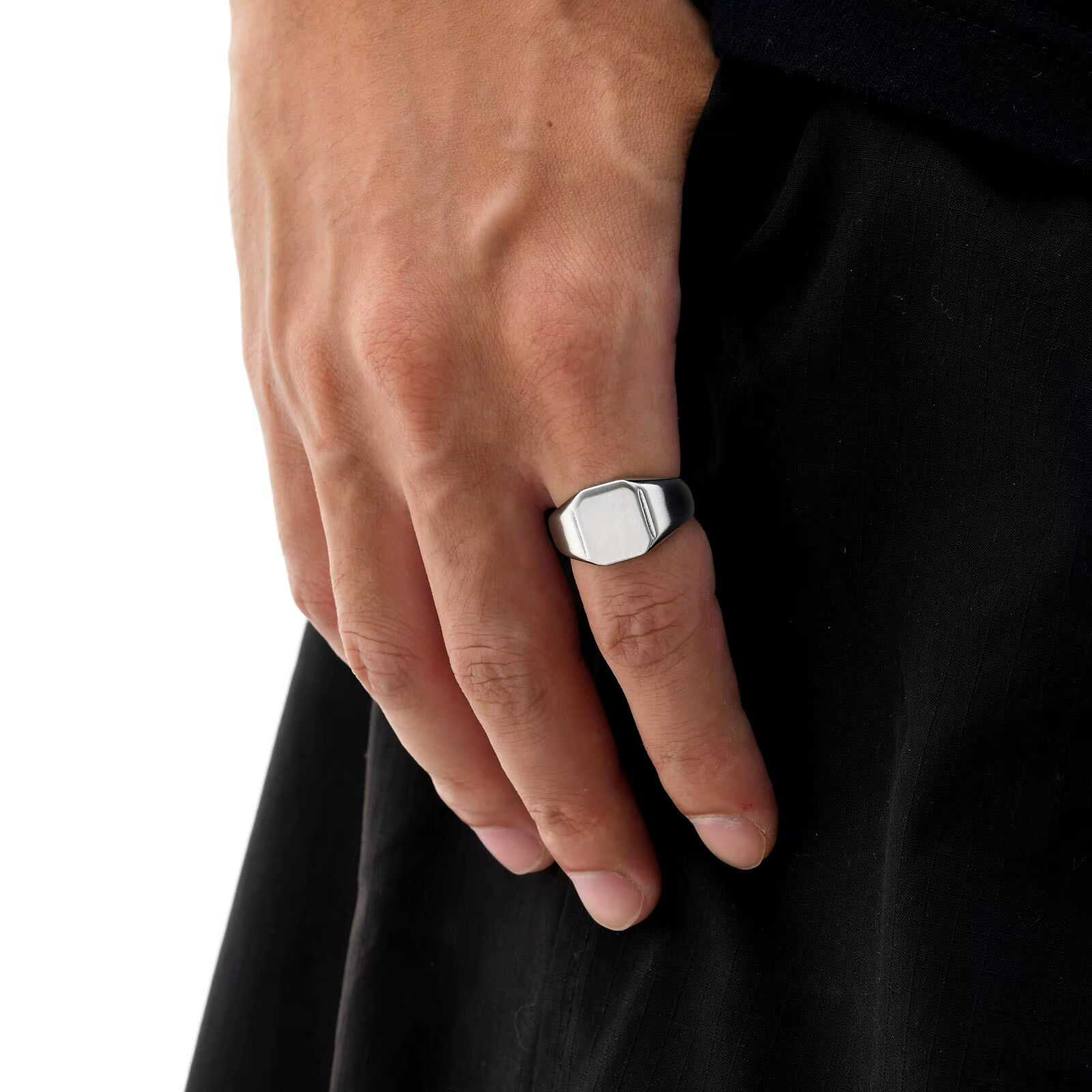 Bague chevalière carrée couleur argent pour hommes et femmes