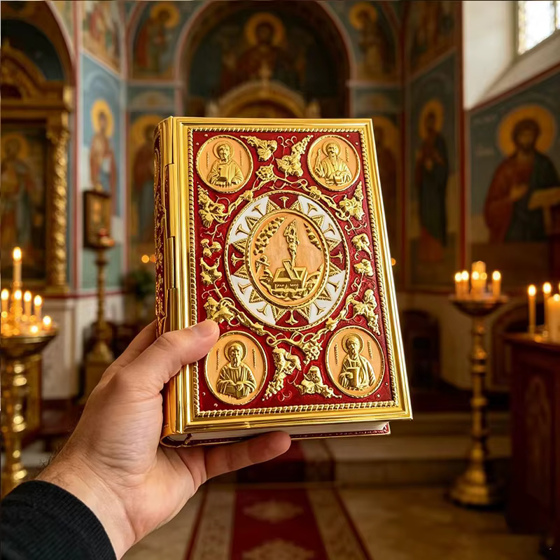 Nouvelle Couverture d'Évangile Ornée Plaquée Or avec Écussons en Relief des Apôtres pour l'Autel de l'Église Orthodoxe