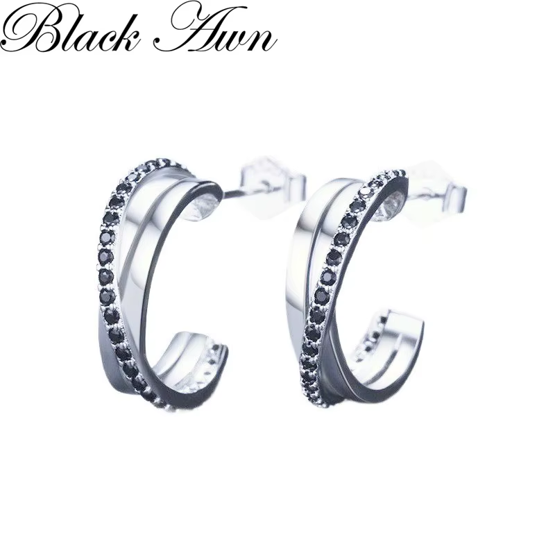 Simple couleur argent chaud Bijoux noir spinelle pierre étoile mignon fête boucles d'oreilles pour femmes