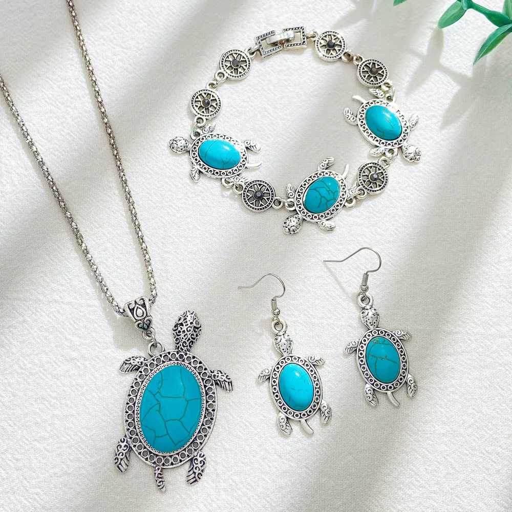 Bohême rétro vert pierre naturelle tortue collier Bracelet boucle d'oreille ensemble pour les femmes charme mode été plage ensemble de bijoux cadeau