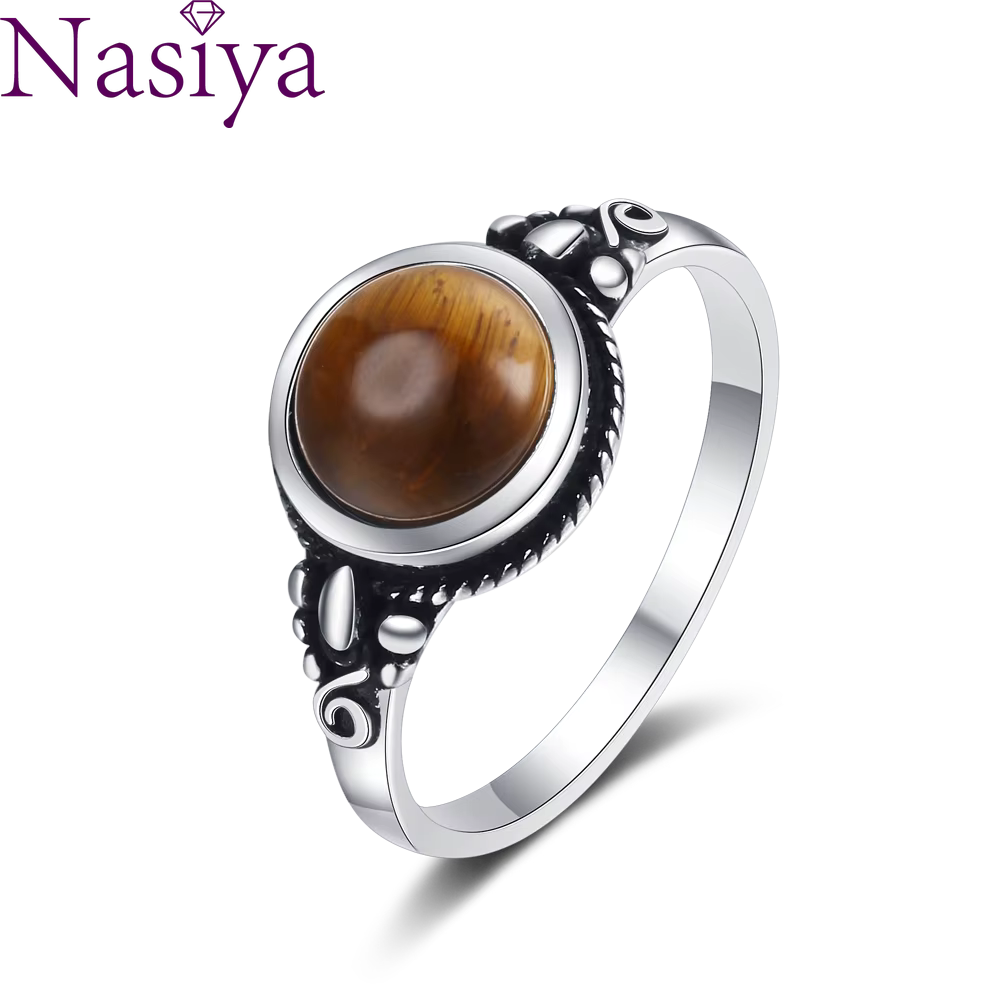Nasiya-Bague ronde en œil de tigre naturel pour femme