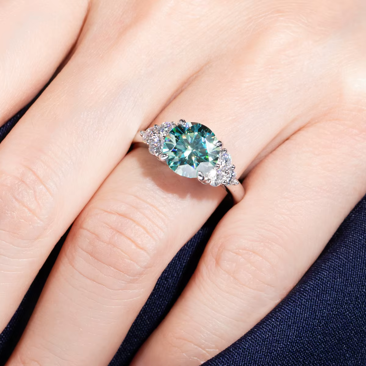 3ct Round Cut Bleu Vert Couleur Moissanite Bague de Fiançailles 18K Plaqué Or Argent De Luxe