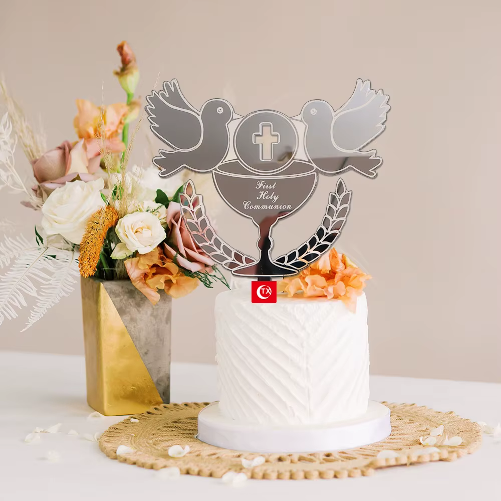 Nouveau Topper de Gâteau Baptême Garçons et Filles Pigeons IHS Eucharistie Doré pour Fête d'Anniversaire Décoration