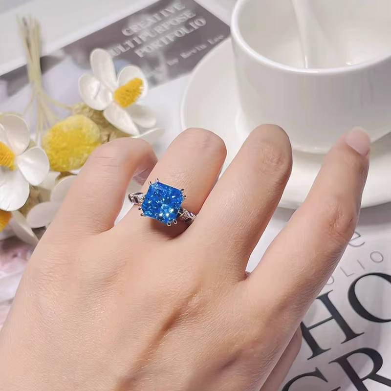 Bague en argent sterling 925 de style luxueux avec diamant coloré taillé en fleur de glace - Pour fiançailles