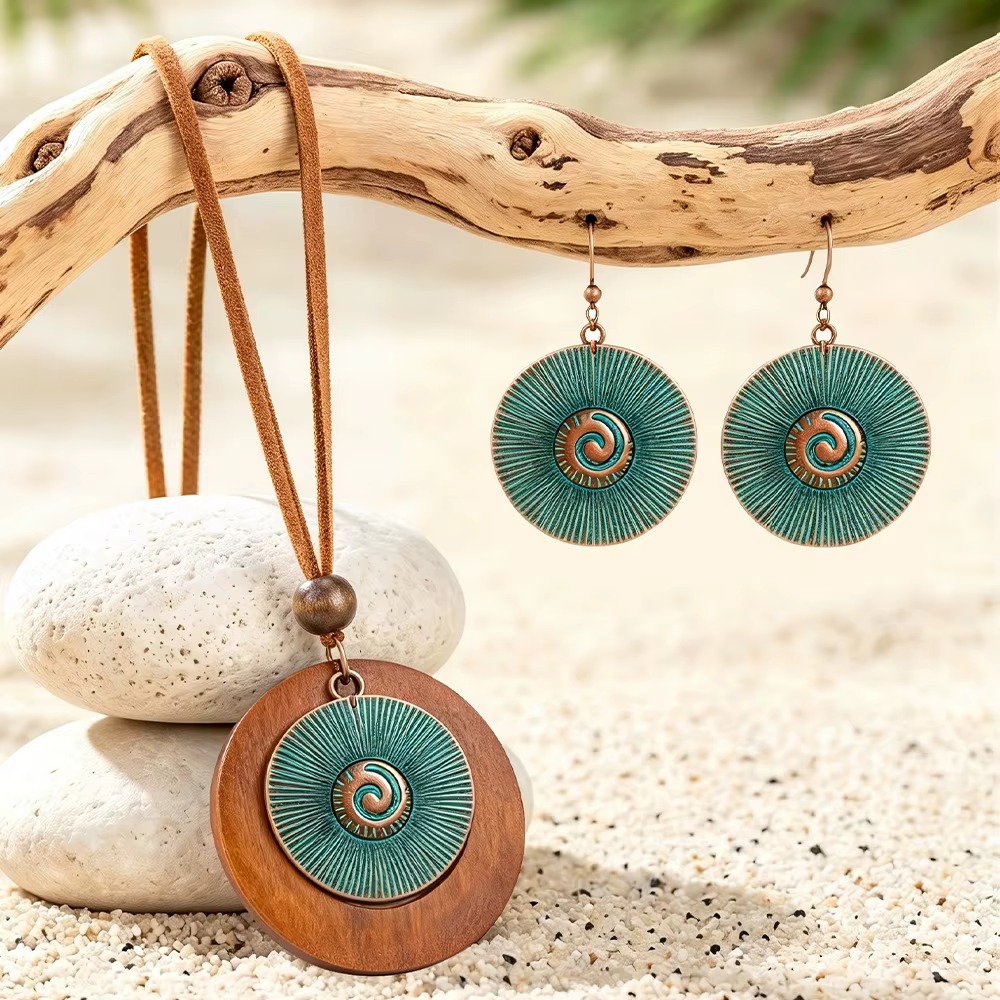 Ensemble de bijoux de style bohème pour les vacances : Collier et boucles d'oreilles spirales vintage en verdigris