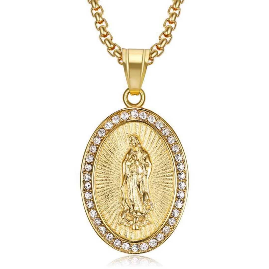 Pendentif religieux Médaille Notre-Dame Vierge Marie en acier inoxydable couleur or et argent