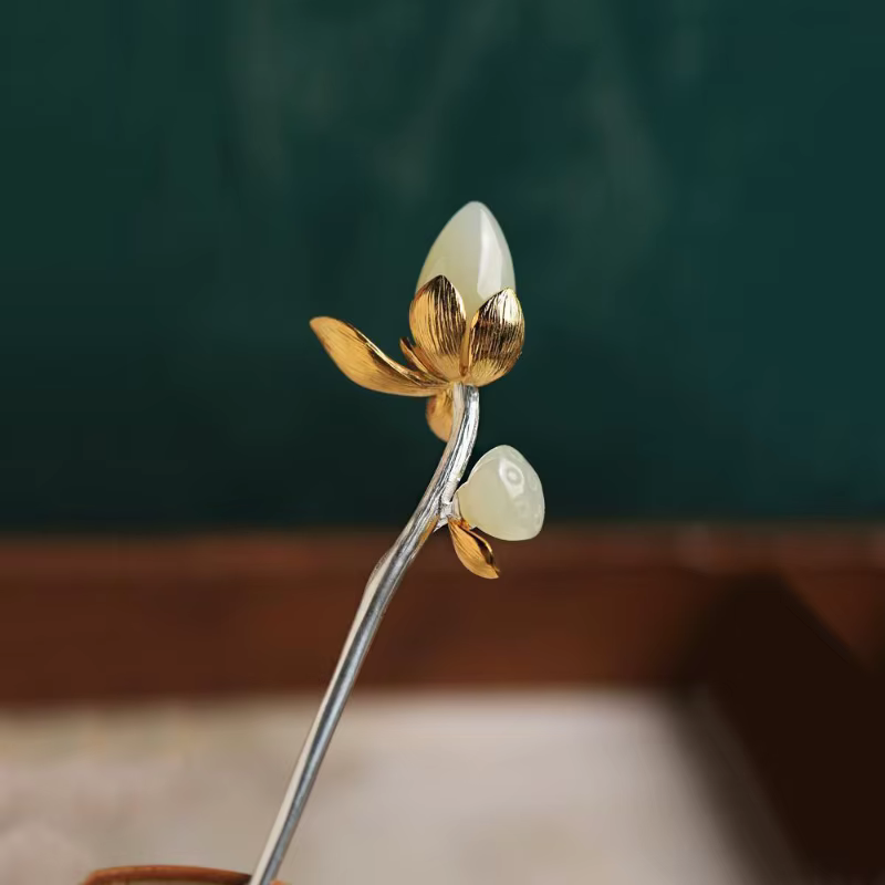 Épingle à cheveux diadème lotus en jade naturel Hetian pour femmes