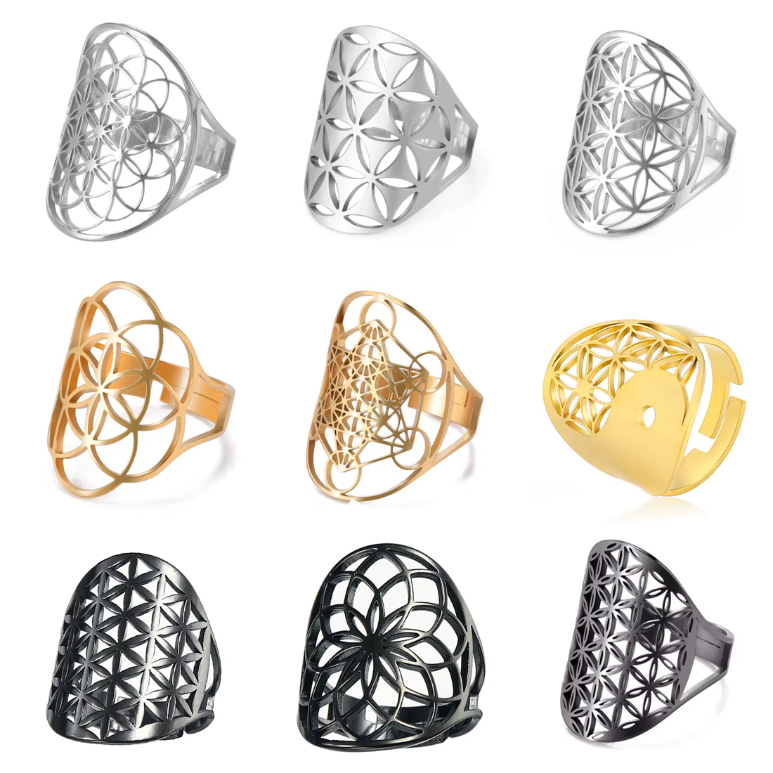 EUEAVAN Bague Fleur de Vie en Acier Inoxydable