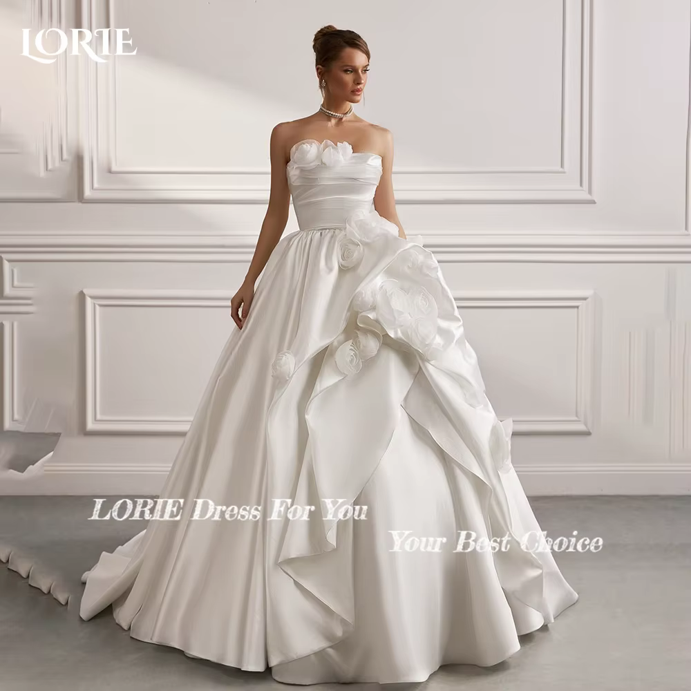 LORIE Vintage 3D fleurs robes de mariée froncé bretelles bouffée a-ligne robe