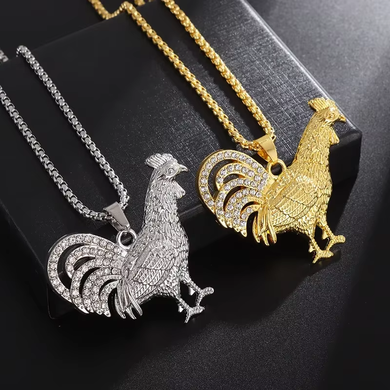 Hip-Hop Cool zodiaque Animal grand coq pendentif collier incrusté de cristal Zircon hommes et femmes noël anniversaire bijoux cadeau