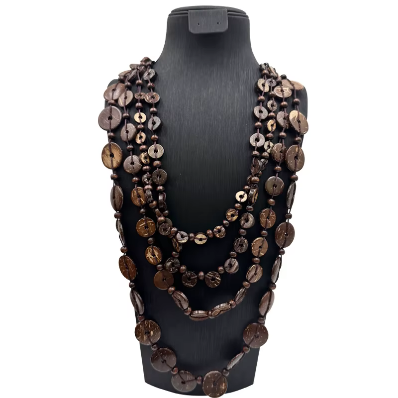 Collier bohème couleur café multicouche, rond en coquille de noix de coco, perles de forme géométrique pour femmes, bijoux en perles de bois faits à la main