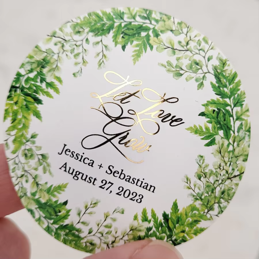 Autocollants de mariage personnalisés avec texte en feuille d'or brillante