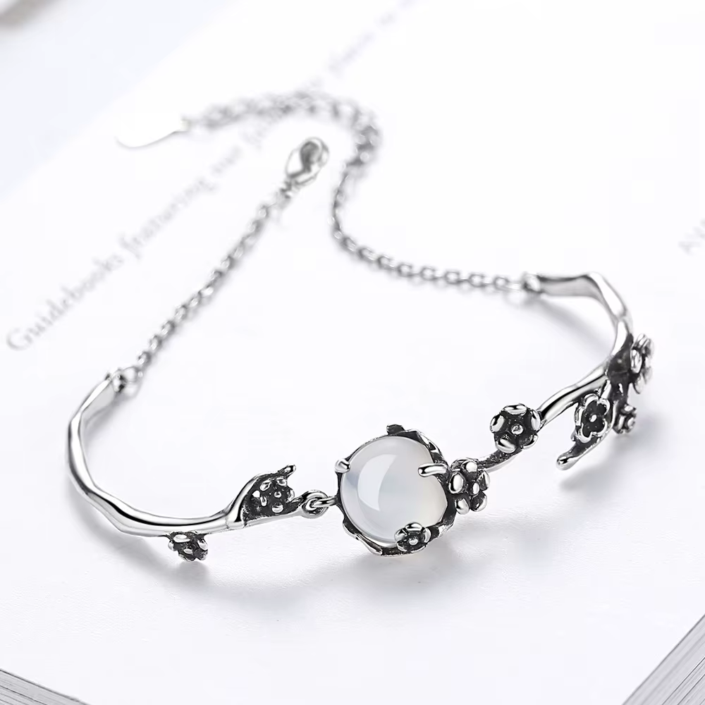 Bracelet en argent Sterling 925 avec branche de fleur de prunier et cristal pour femmes